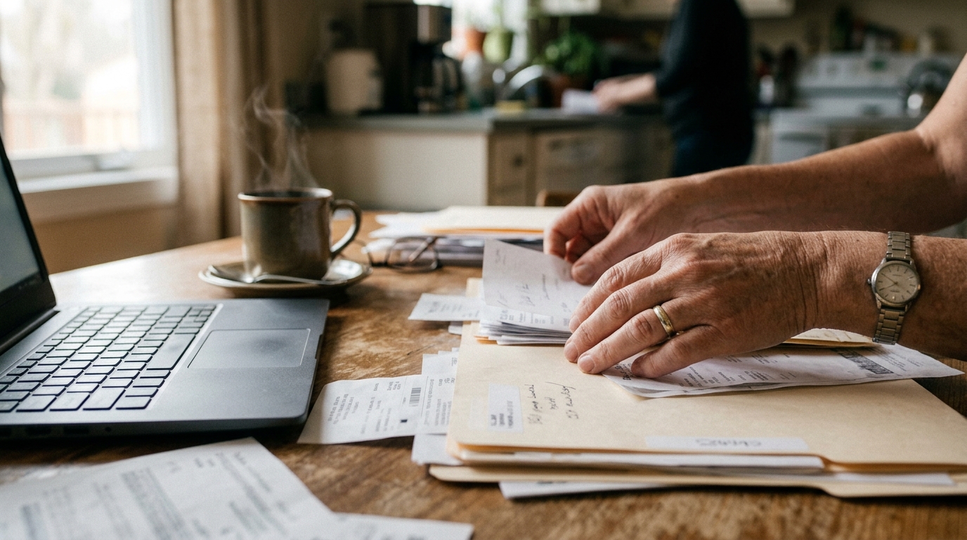 A homeowner sorting through mortgage paperwork at a kitchen table