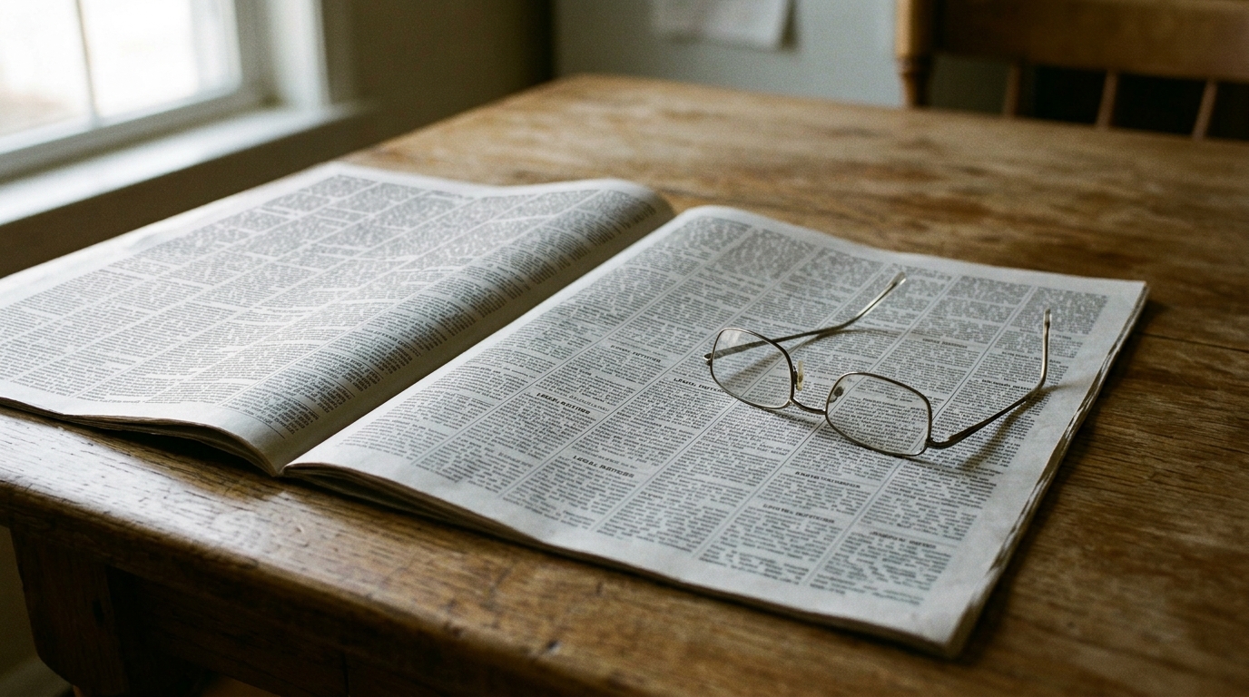 A newspaper open to the legal notices page on a kitchen table