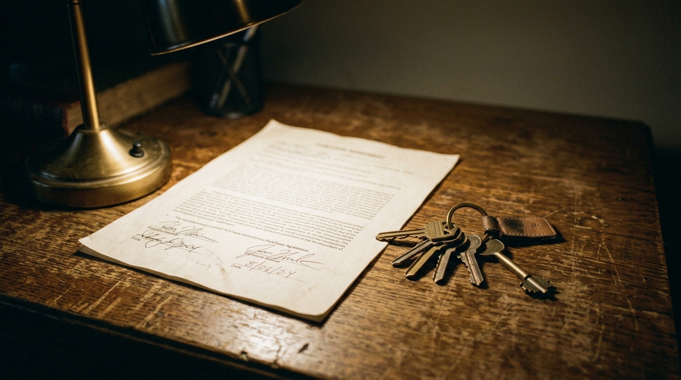 A signed legal document with two signatures and house keys resting on a wooden desk