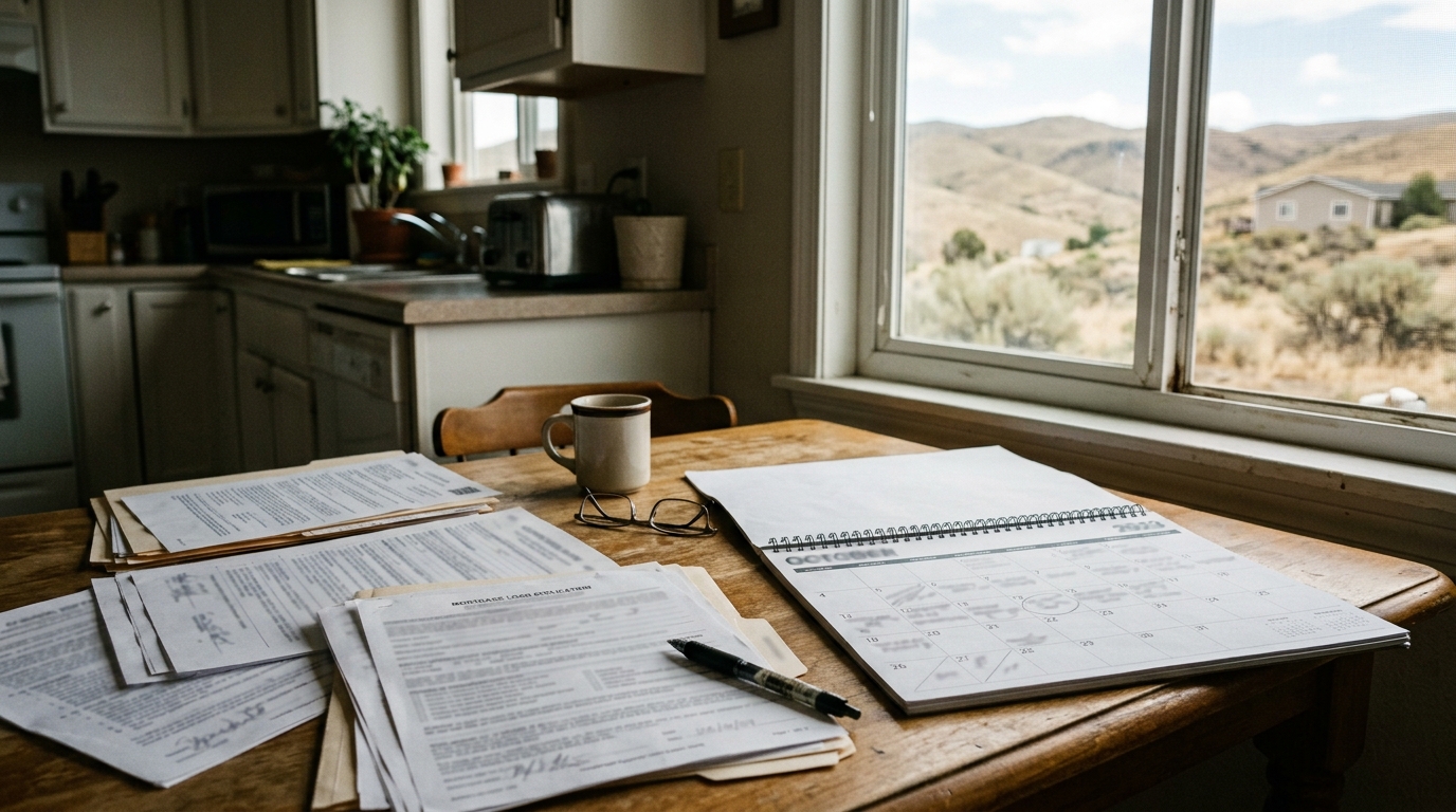 Mortgage paperwork and a wall calendar spread on a kitchen table, dry Idaho hills visible through the window