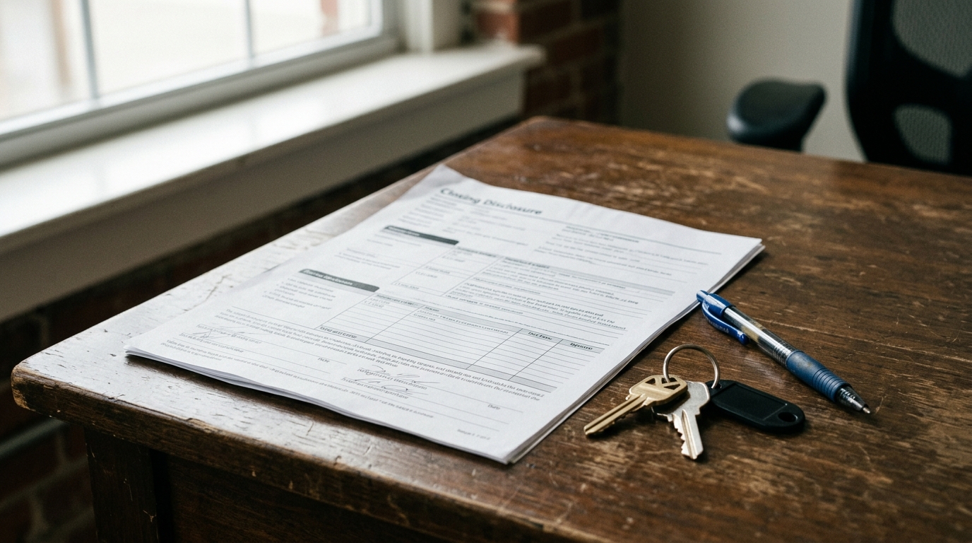 A closing disclosure form next to house keys and a pen on a wooden desk