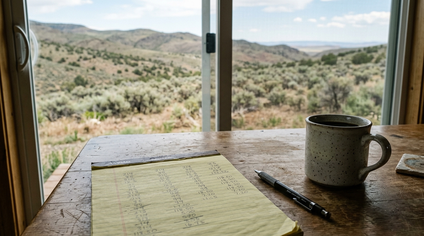A yellow legal pad with handwritten numbers on a table, sagebrush-covered Idaho hills through the window