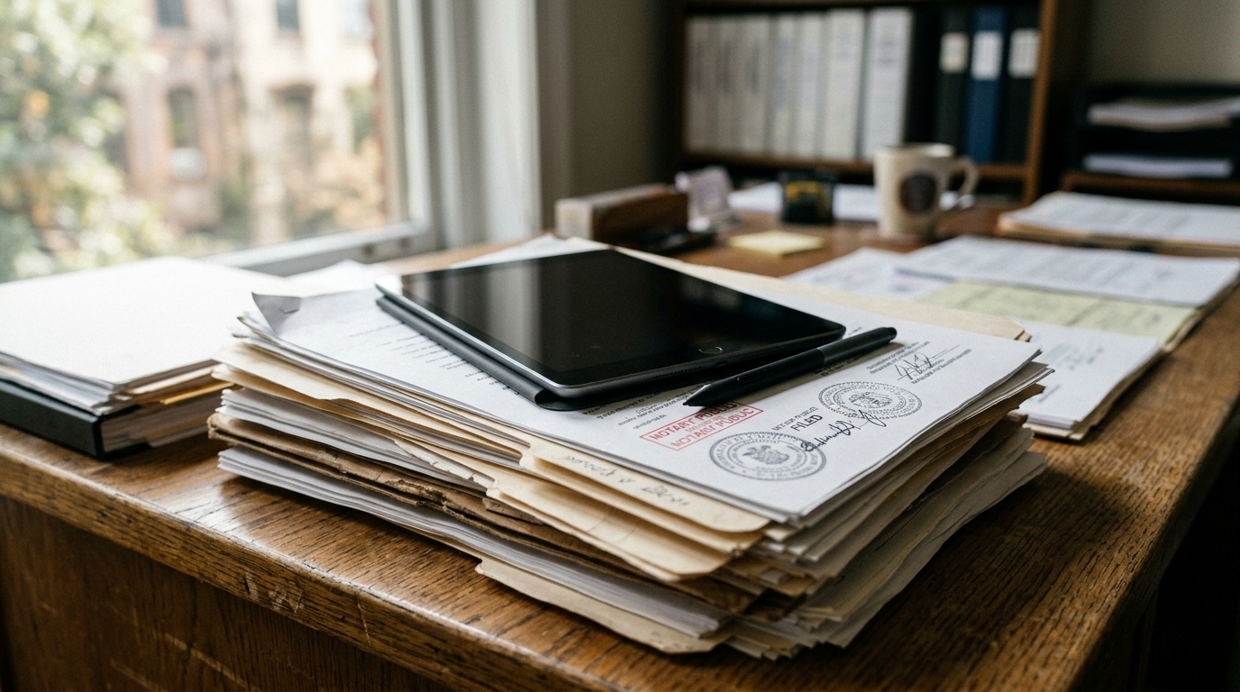A tablet and pen resting on a stack of notarized legal documents in a title office