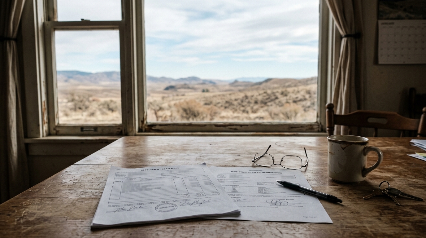 A settlement statement and wire transfer confirmation on a table with dry Idaho sagebrush hills visible through the window
