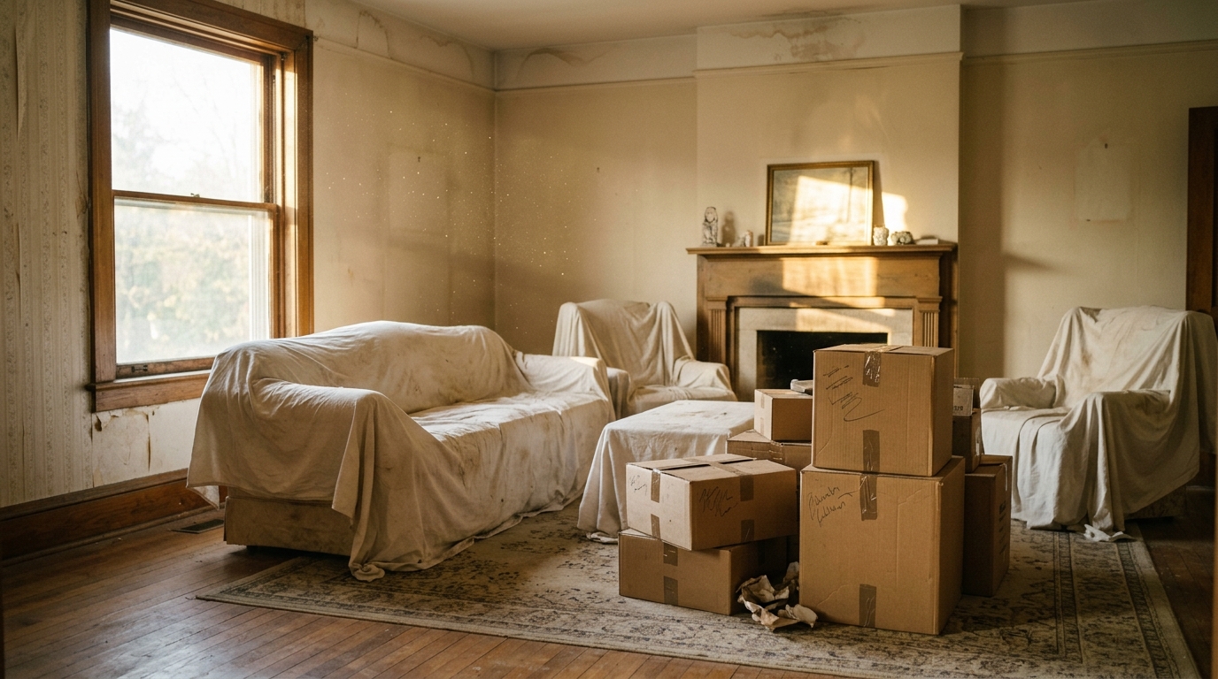 Sheet covered furniture and moving boxes in an inherited house
