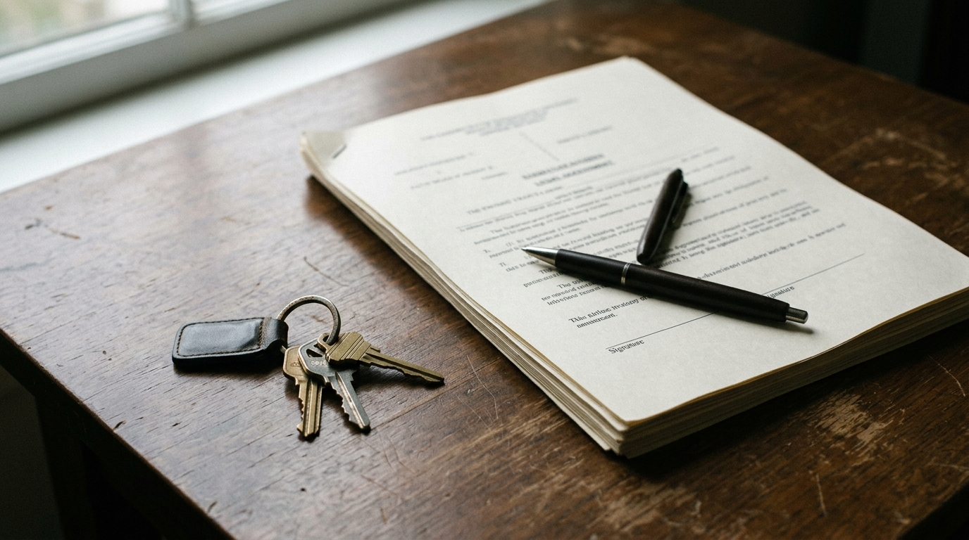 A legal document and a set of house keys on a wooden desk