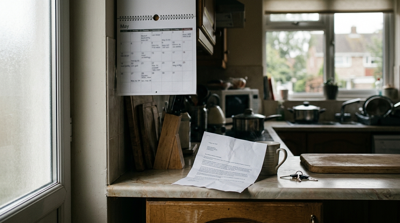 A written notice letter on a kitchen counter next to a wall calendar