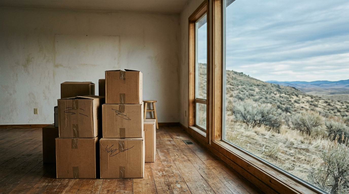 Cardboard moving boxes in an empty living room with a high desert view through the window
