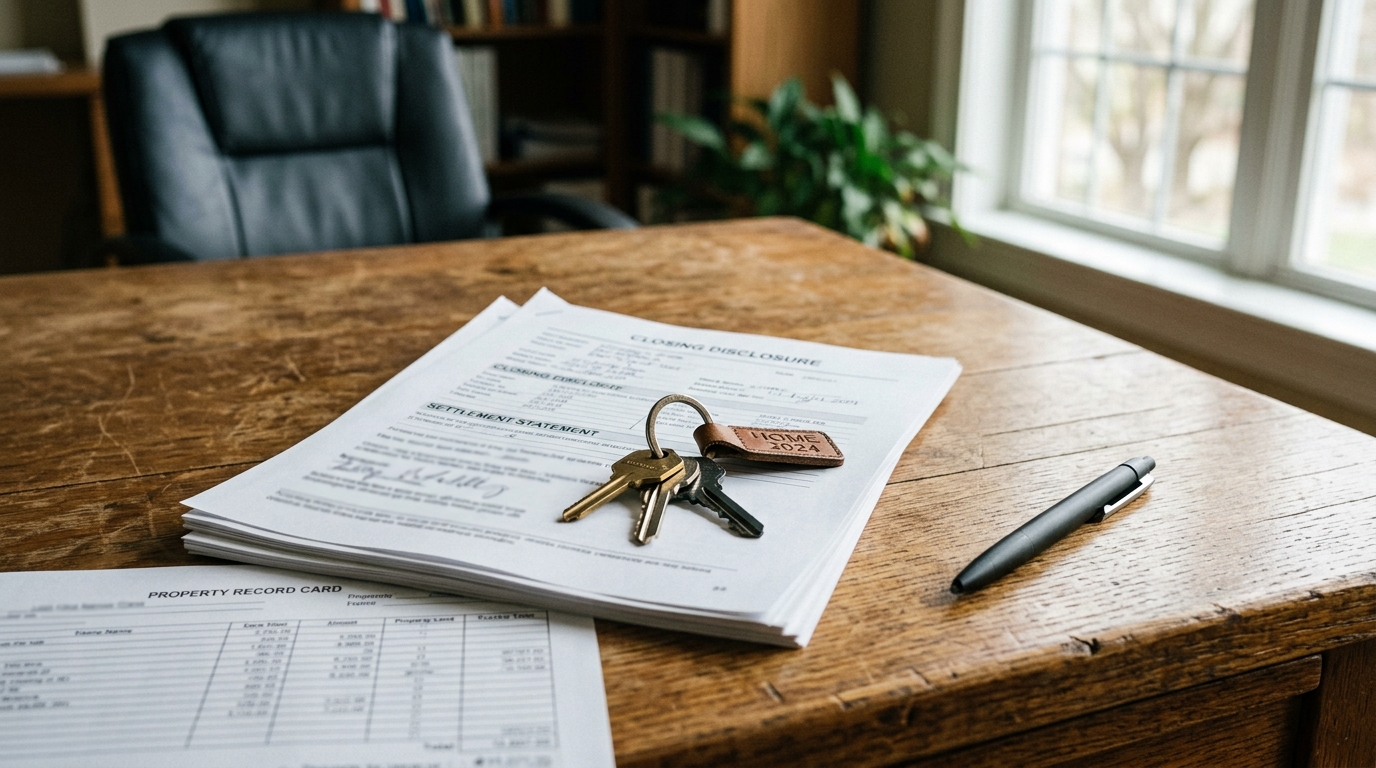 Closing document and house keys on a wooden desk beside a pen