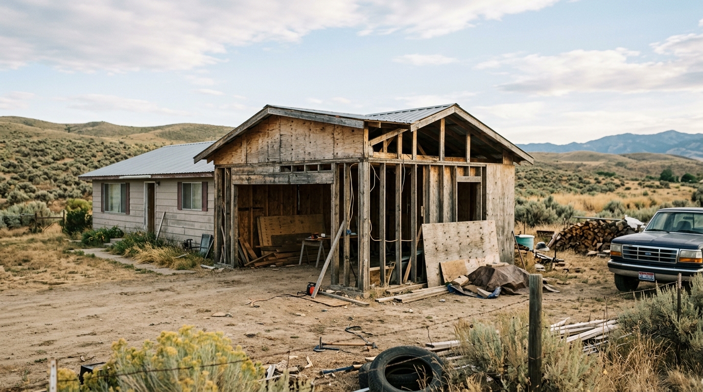 A weathered garage addition on a rural property with dry sagebrush hills in the distance