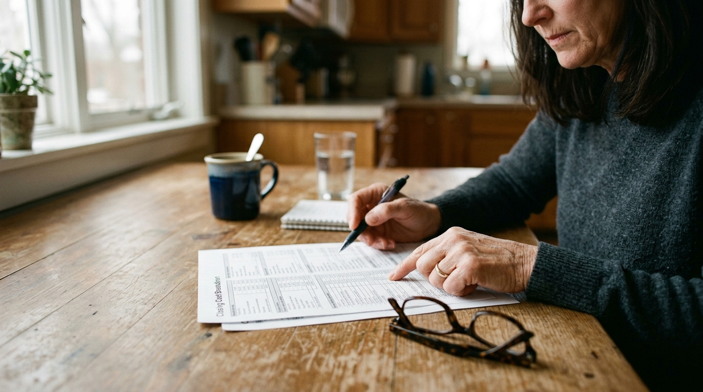 Homeowner hands reviewing a printed closing cost breakdown on a kitchen table, natural window light