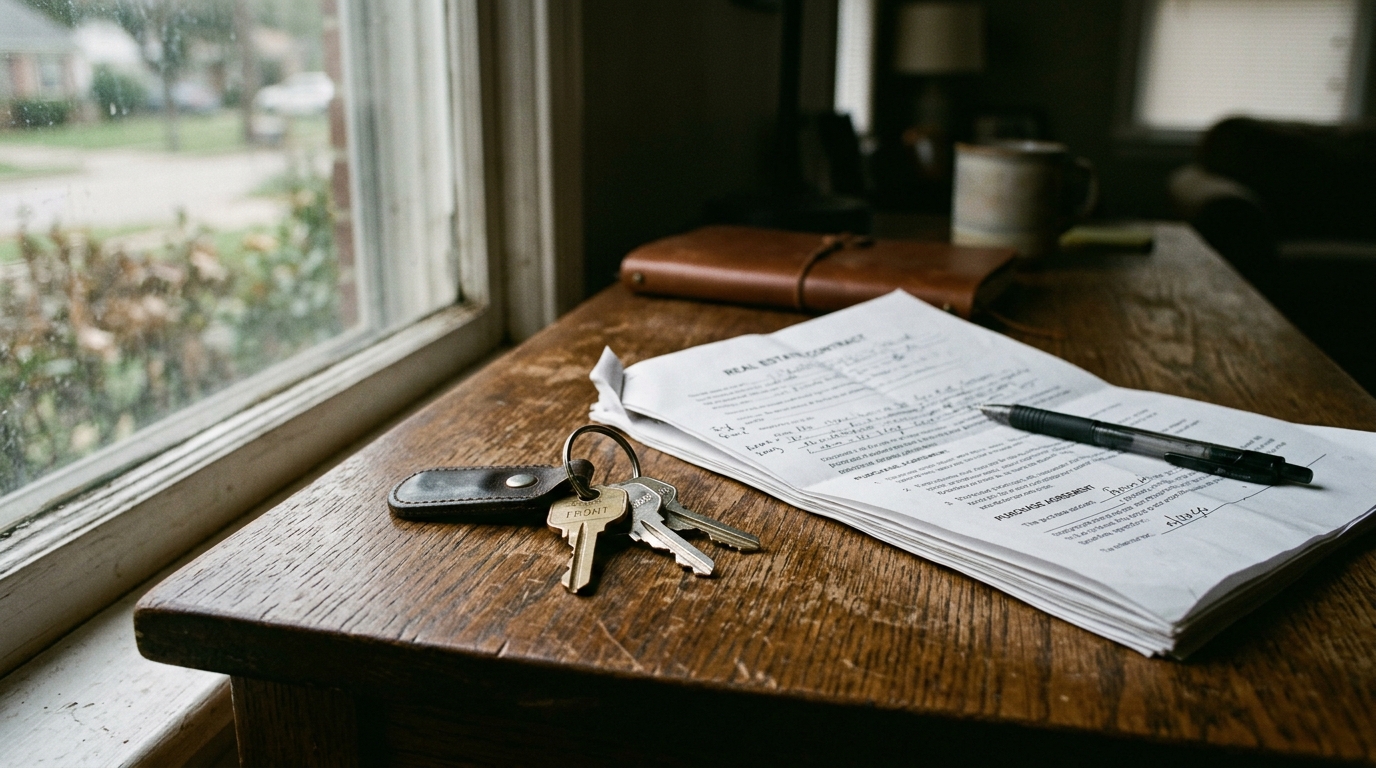 House keys beside a folded real estate document on a wooden desk, shallow depth of field
