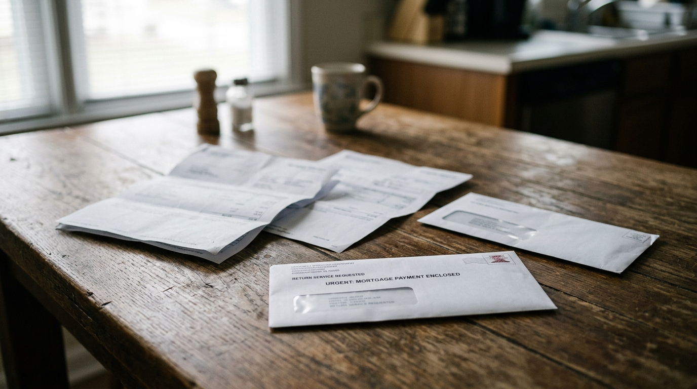 Mortgage billing statements and two unopened envelopes spread across a kitchen table in natural window light