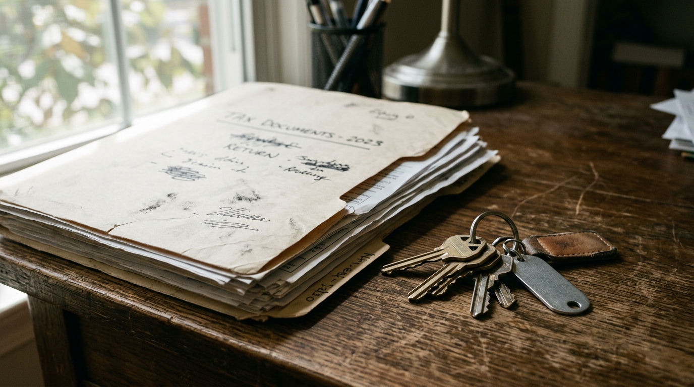 Tax document folder and a set of house keys on a wooden desk in low raking natural light