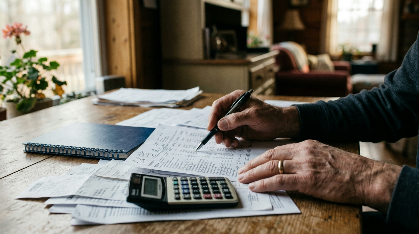 Hands reviewing financial paperwork and a calculator at a kitchen table