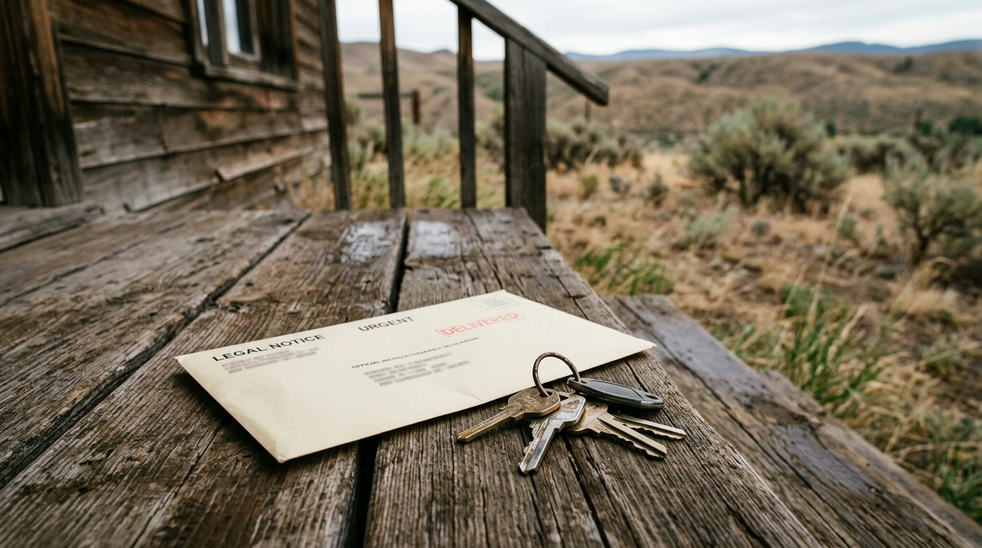Legal notice envelope and house keys on a porch step with Idaho sagebrush foothills in the background