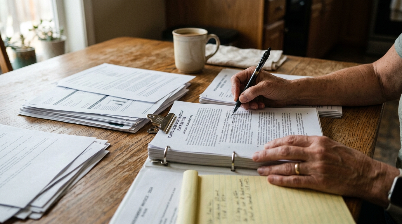 Hands reviewing HOA CC&R documents and assessment paperwork on a kitchen table