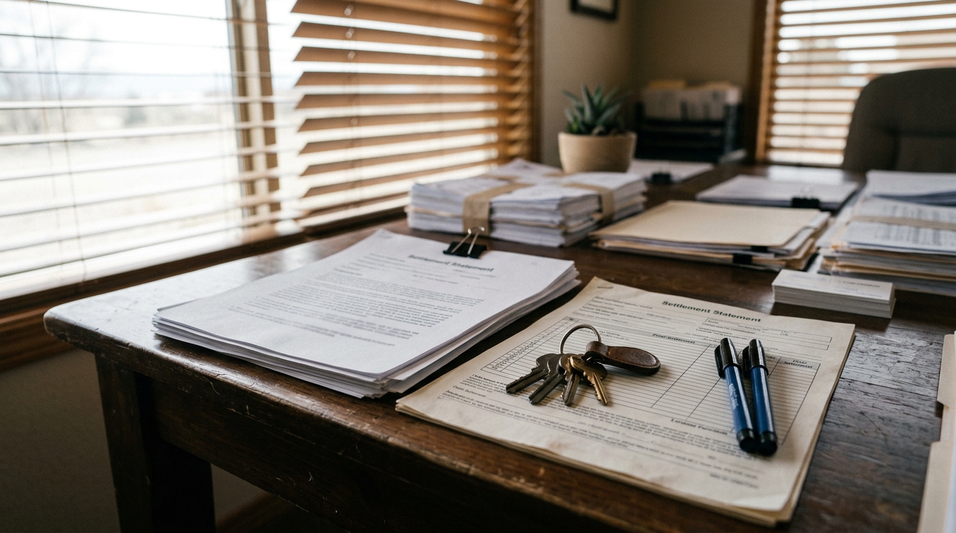 Real estate closing table with settlement statement, house keys, and documents in high desert light