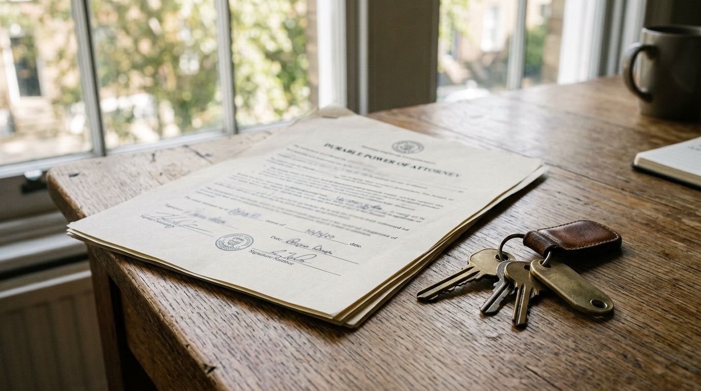 A durable power of attorney document and house keys on a wooden desk