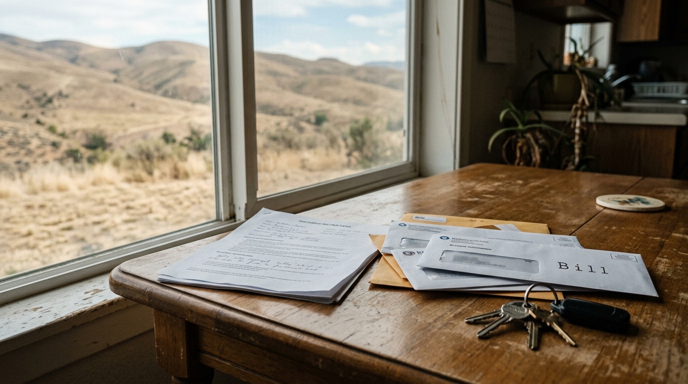Medical paperwork and unpaid bills on a kitchen table with Idaho hills visible through the window