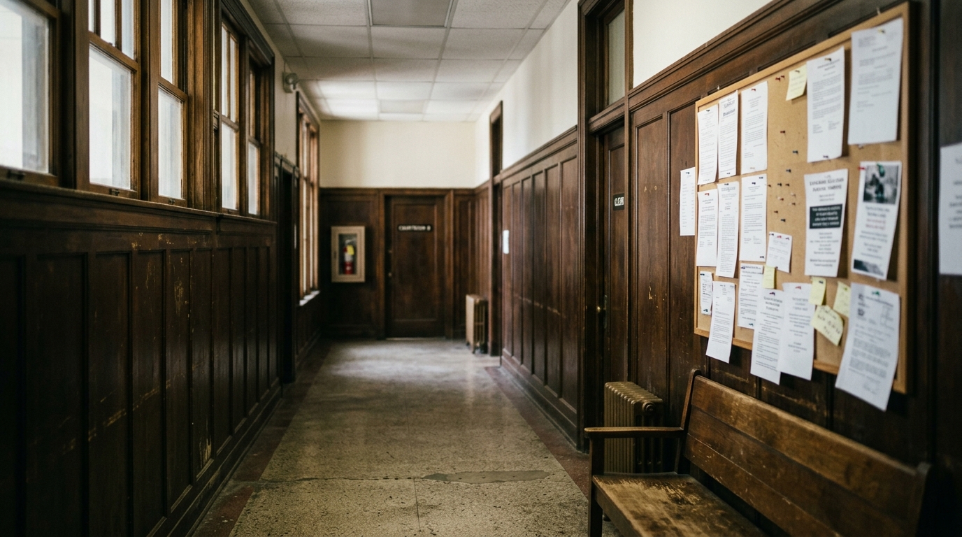 Interior corridor of an Idaho county courthouse with wood paneling and posted legal notices