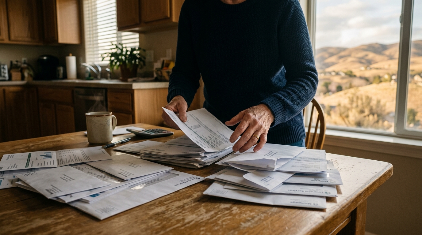 Homeowner hands sorting through mortgage statements and envelopes on a kitchen table near a window