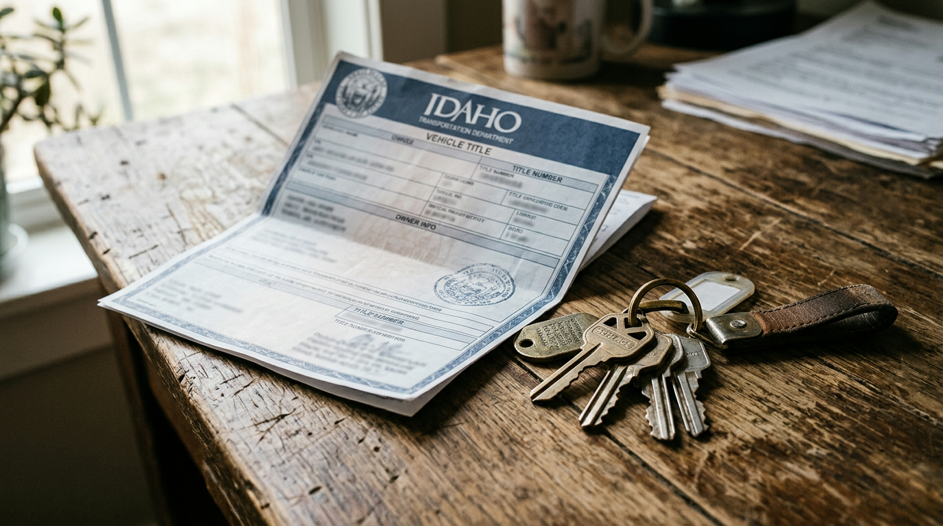A title document and house keys resting on a wooden desk in natural window light