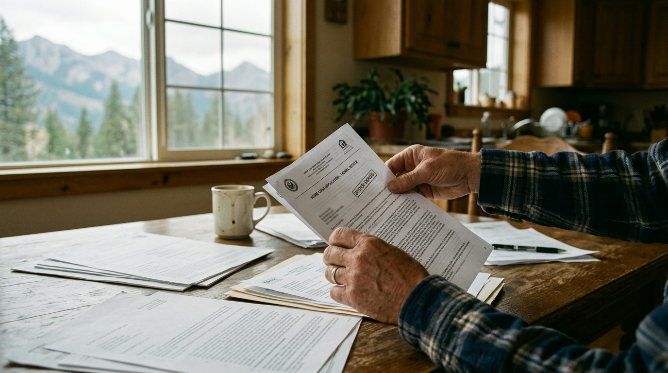 A homeowner sorting mortgage paperwork on a kitchen table with mountain light through the window