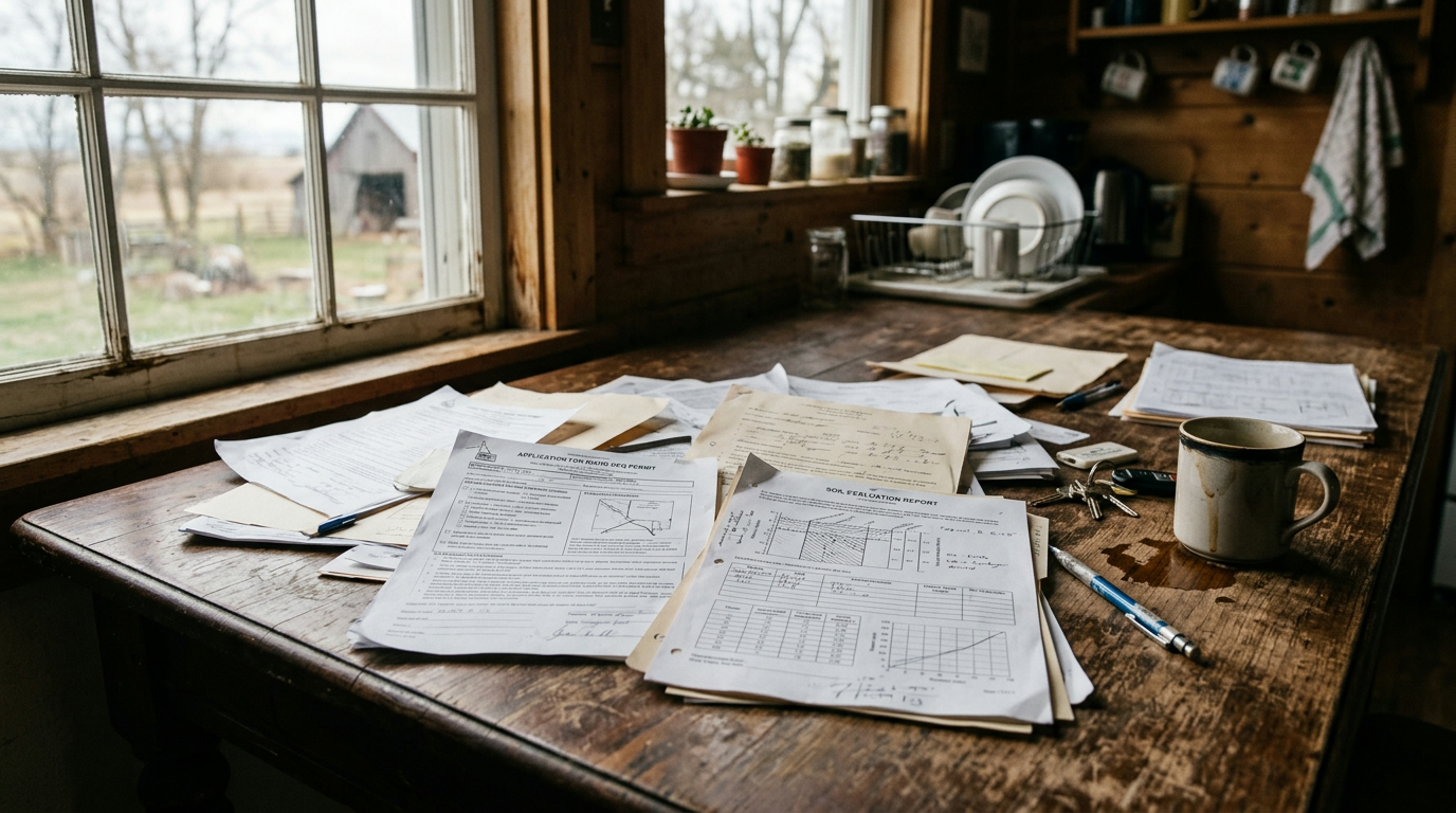 Permit application paperwork and a soil evaluation report on a worn wooden table in a rural home