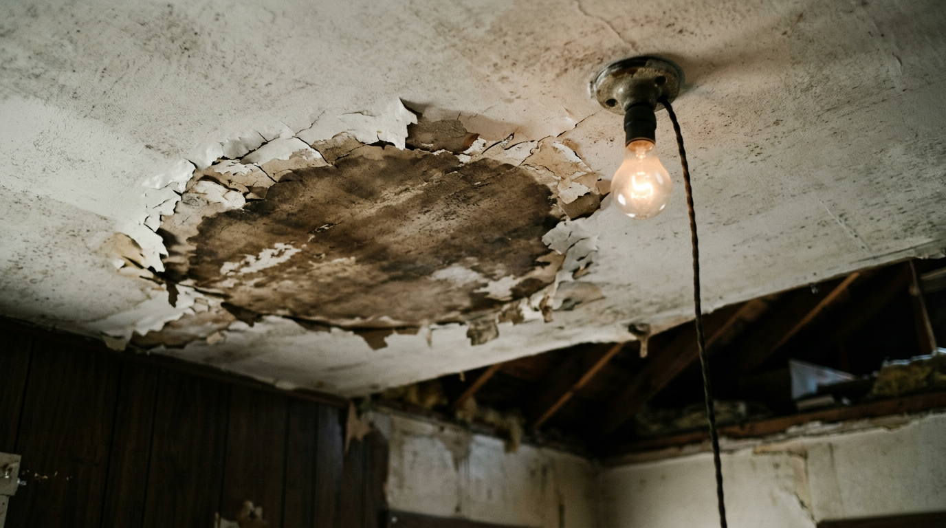 Water-stained ceiling with peeling paint in a rural Idaho home interior showing roof leak damage