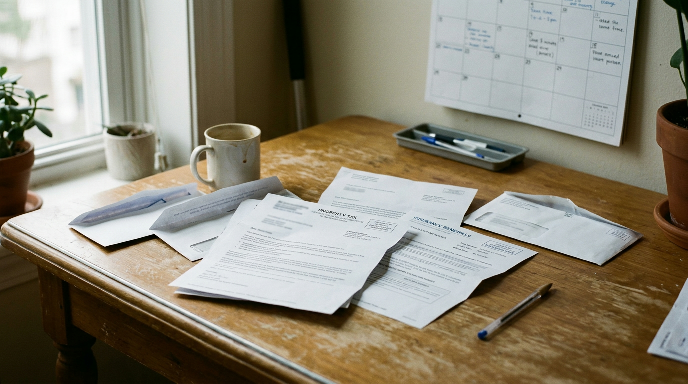 Property tax notices and insurance renewal letters spread across a kitchen table, a wall calendar visible in the background