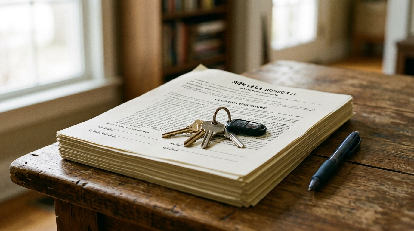 House keys resting on a stack of closing documents on a wooden desk with a pen beside them