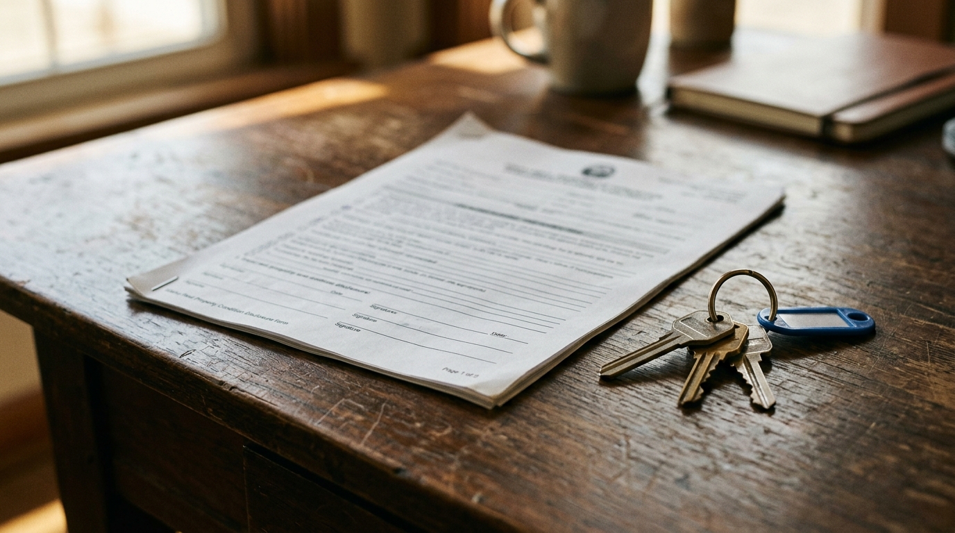 Idaho real property condition disclosure form on a desk beside a set of house keys