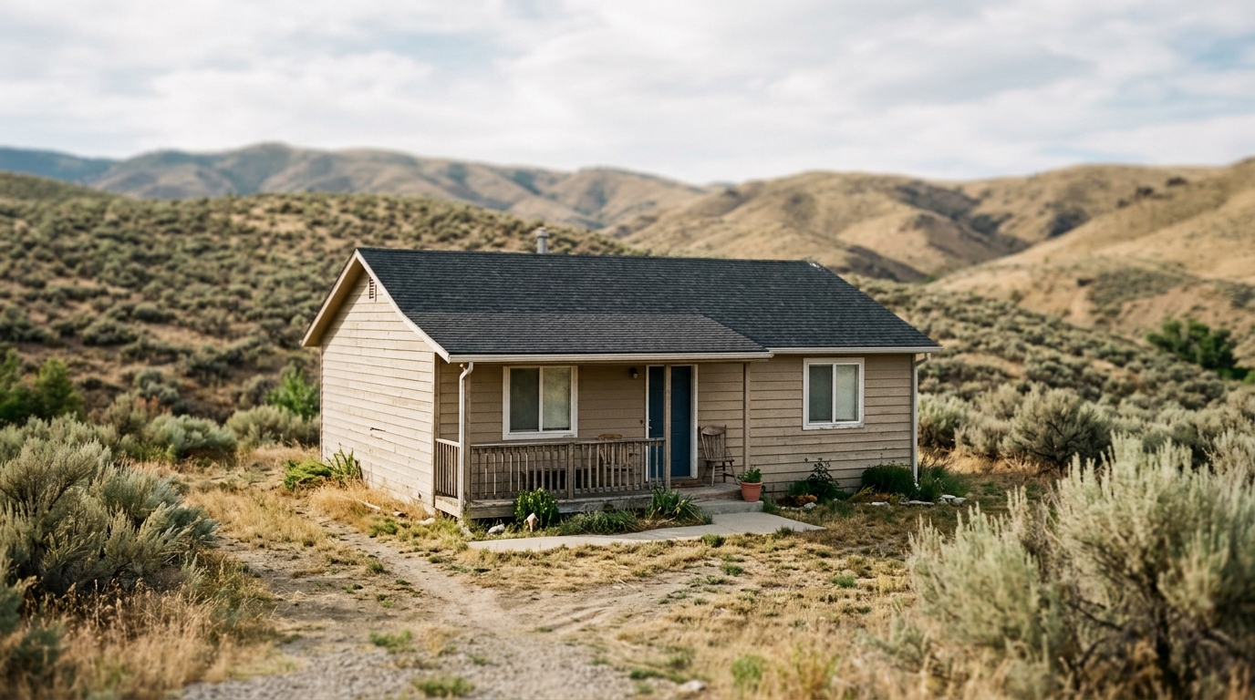 Single-story Idaho home exterior with dry Treasure Valley foothills and sagebrush in the background