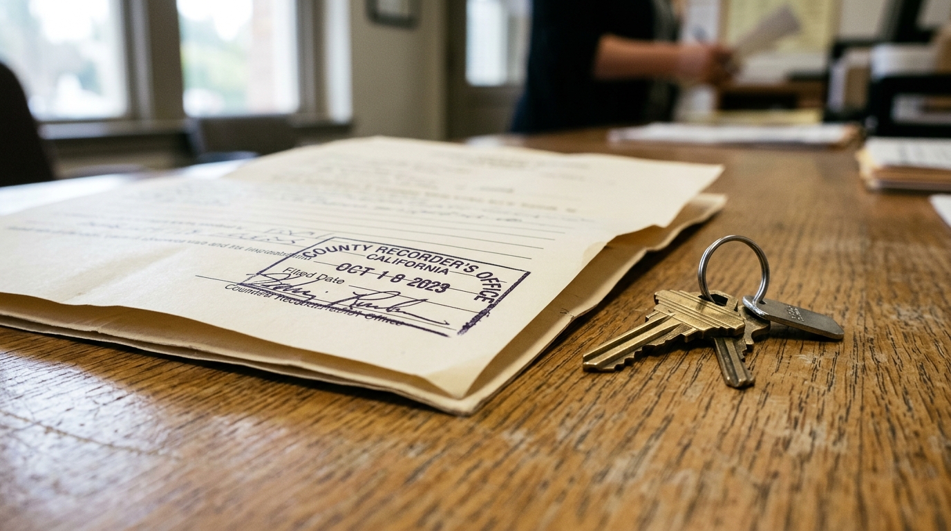 County recorder official stamp impression on a folded legal document, house keys beside it on a wooden table