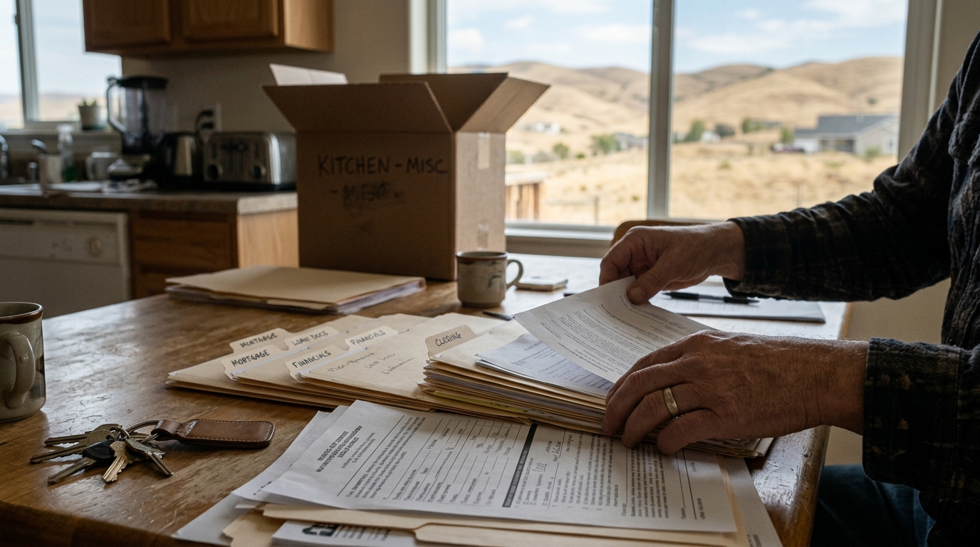 Homeowner hands sorting through mortgage and estate paperwork on a kitchen table, house keys visible nearby, dry Idaho foothills through the window