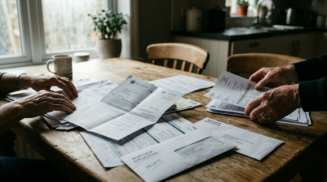 Mortgage loan papers spread on a kitchen table, hands sorting through documents in natural window light