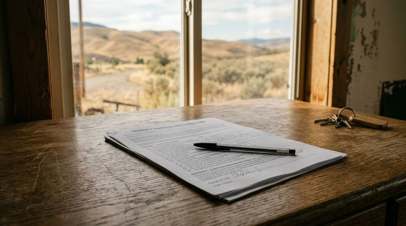 Property condition disclosure form and pen on a wooden desk with house keys, dry Idaho hills visible through the window