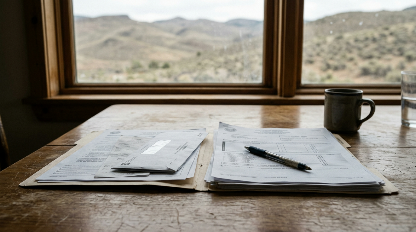 Open property tax folder with forms and pen on a kitchen table, Idaho hills visible through the window