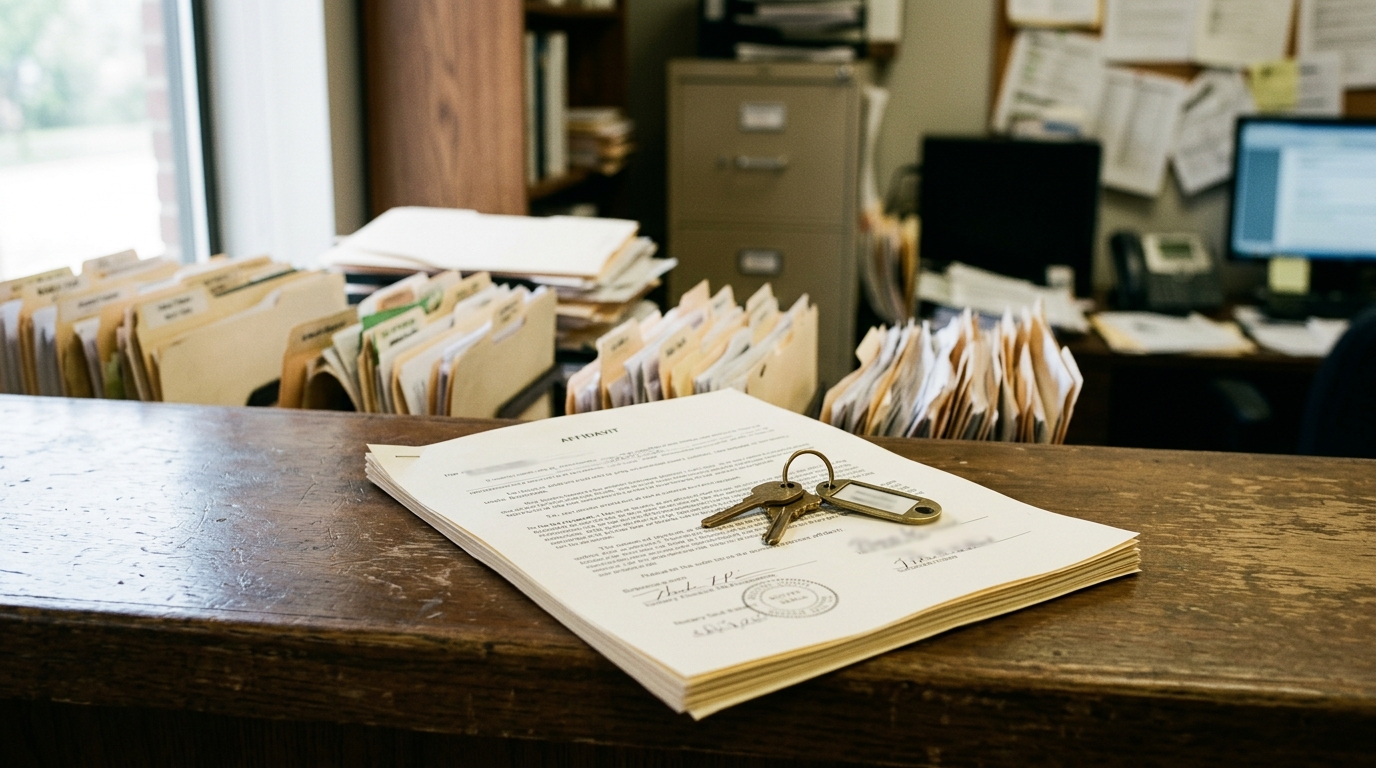 Affidavit document and house keys on a title company counter with manila folders in background