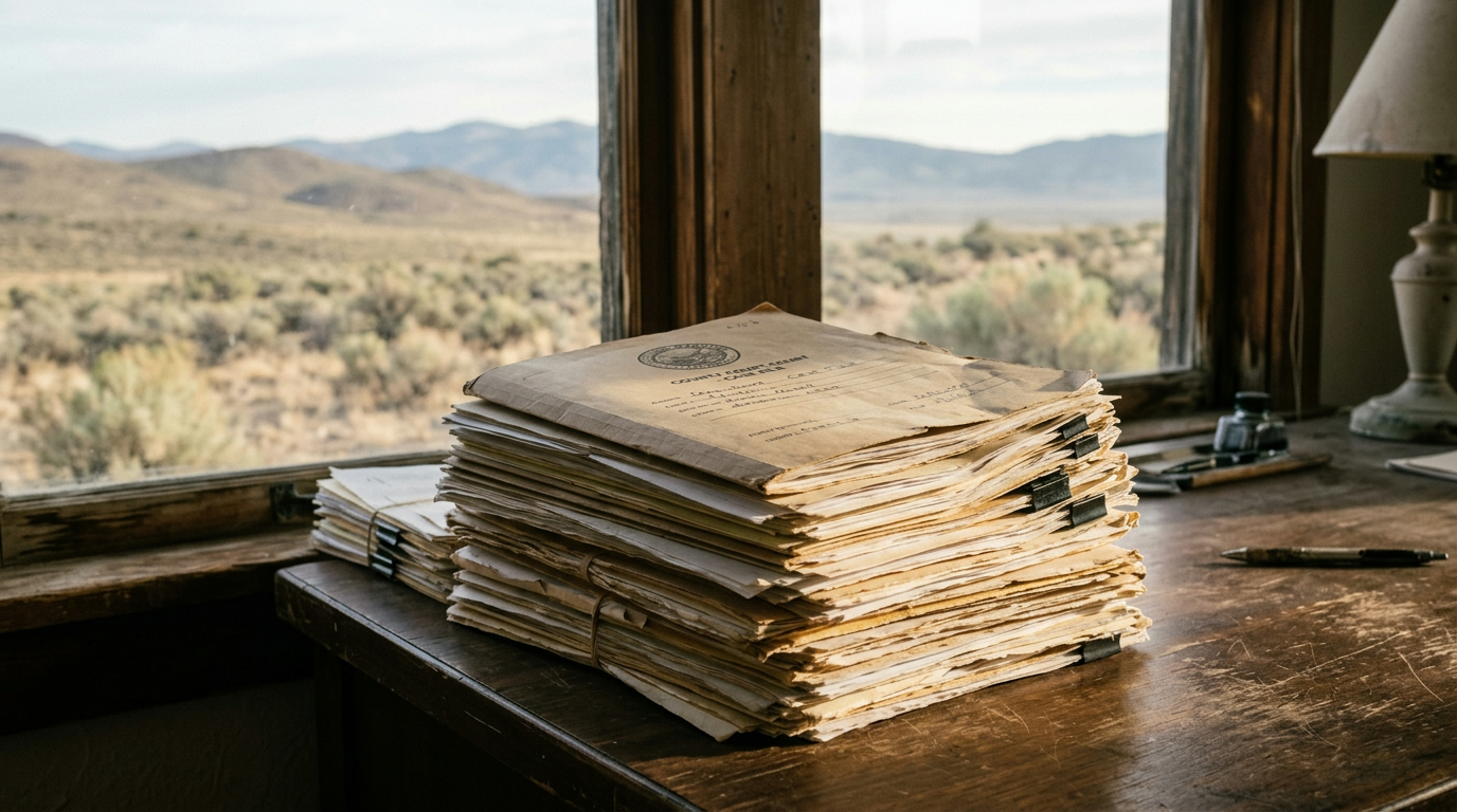 Stack of legal court documents on a desk with dry Idaho sagebrush terrain visible through an office window