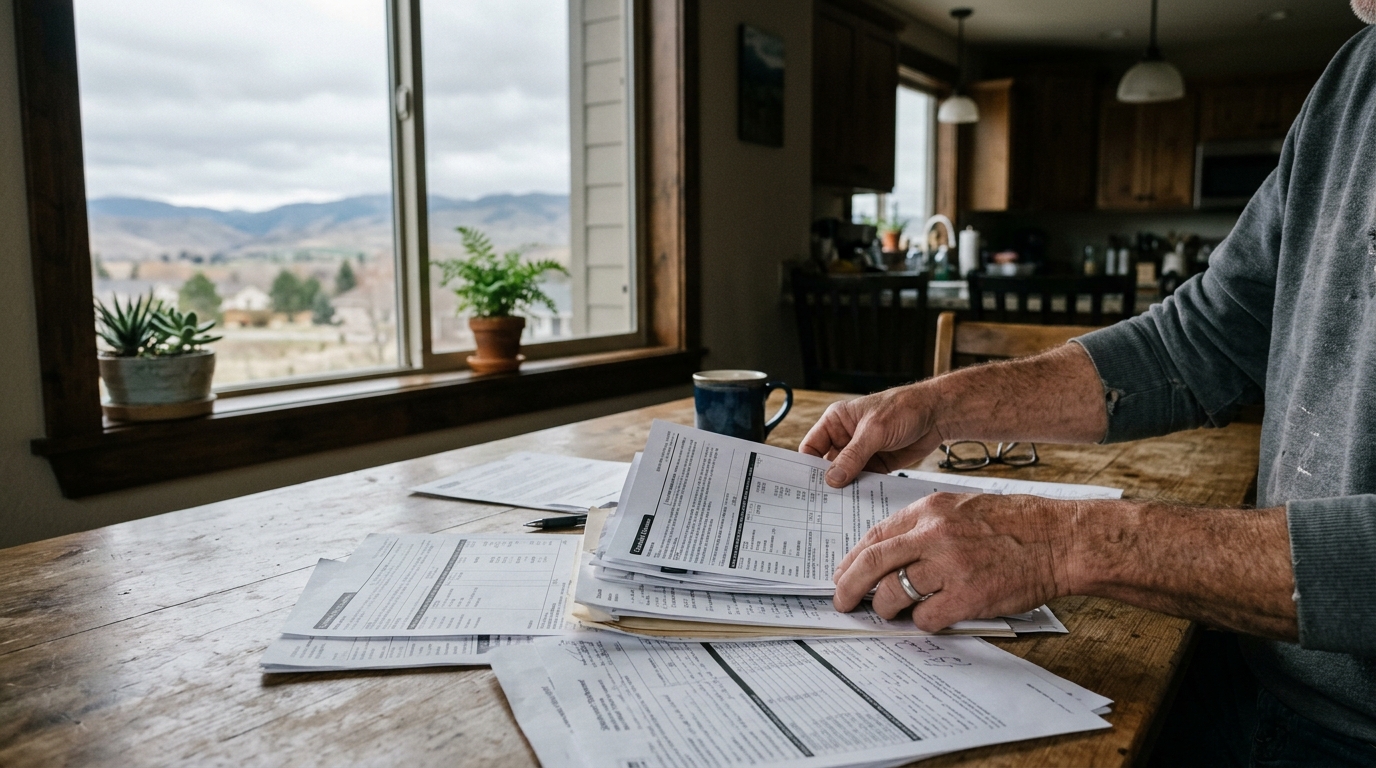Homeowner hands sorting through closing settlement papers at a kitchen table