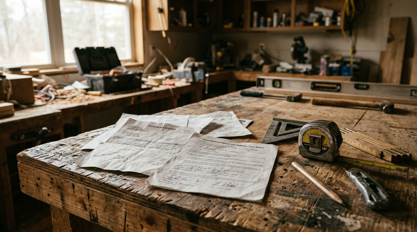 Contractor invoice and lien notice documents spread on a wooden workbench beside measuring tools
