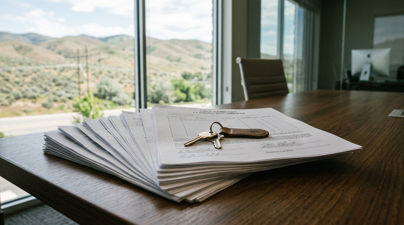 Title company closing documents fanned out on a conference table with house keys resting on top