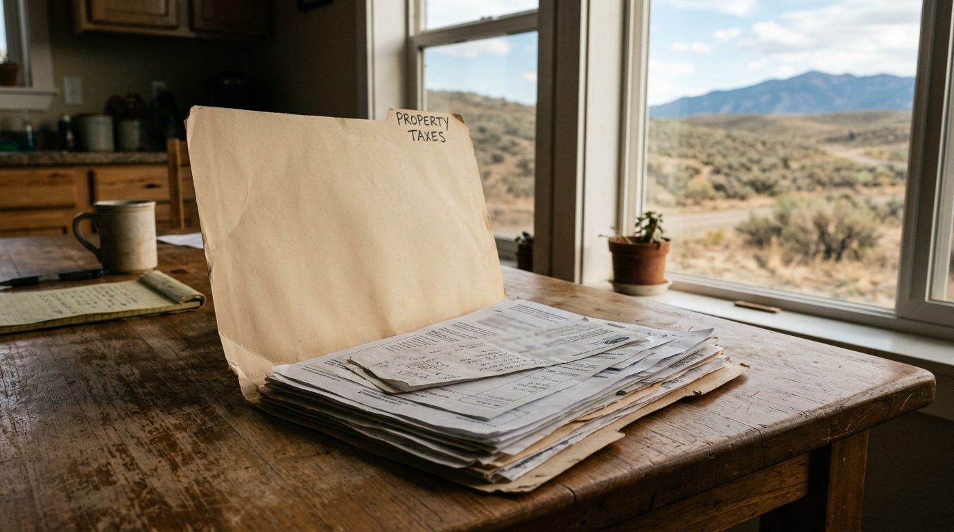 A property tax folder open on a kitchen table with sagebrush hills visible through a window in an Idaho home