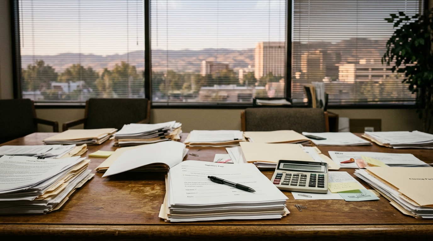 Closing documents spread across a title company conference table with a pen and calculator in Boise Idaho